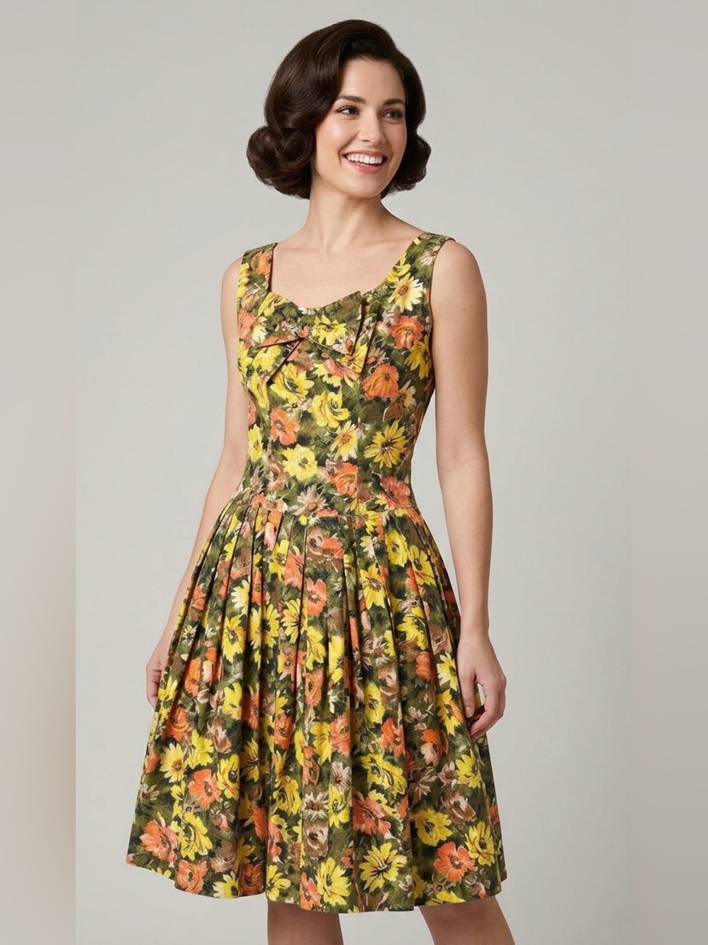 CARNEGIE | 1950s 1960s MCM Vintage Fit & Flare Bow Floral Dress